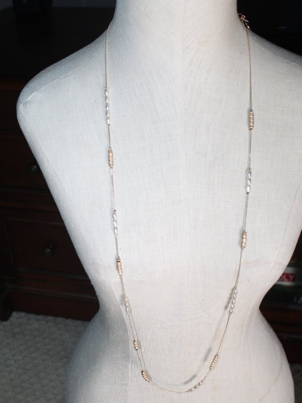 Chico's 44" Gold Tone Textured Beads w Faux Pearls Necklace